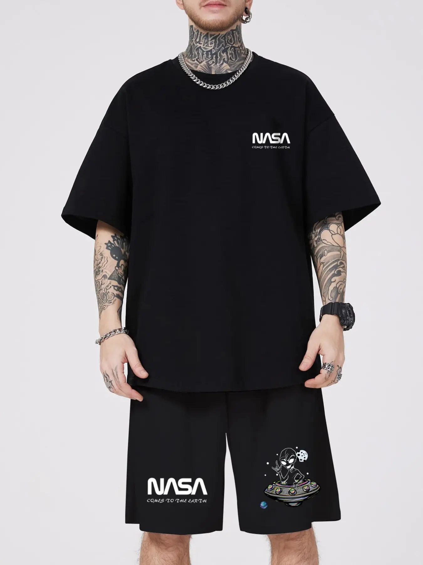 Men's Nasa Ufo Print Casual Two-Piece Set, Street Style Short Sleeve Shorts, Comfortable T-Shirt and Shorts, All Season Fashion