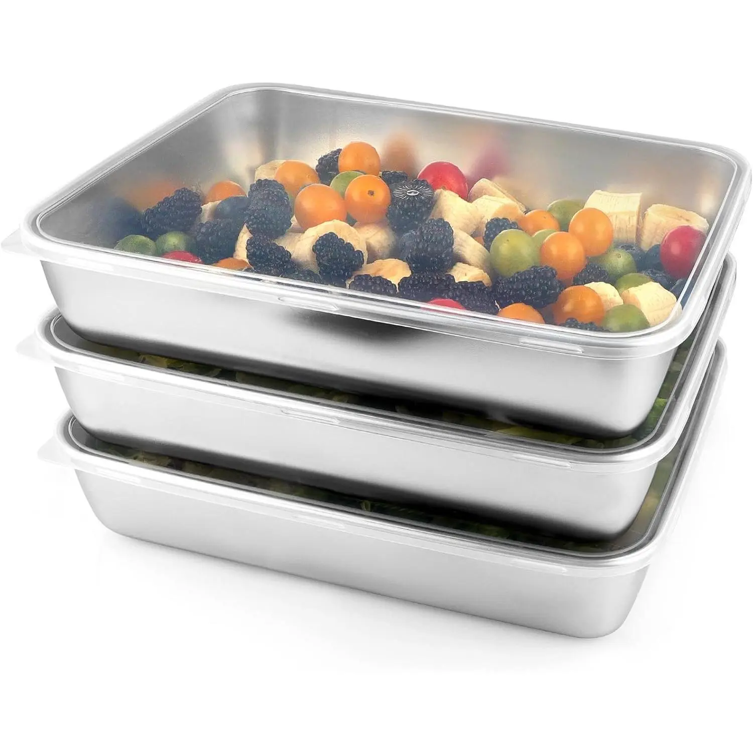 3 Pcs (118oz) Stainless Steel Food Containers with Clear Lids, 12" x 9.6" Large Stackable Snack Storage Boxes, Deli Meat Keeper for Refrigerator or Picnic, BBQ Party