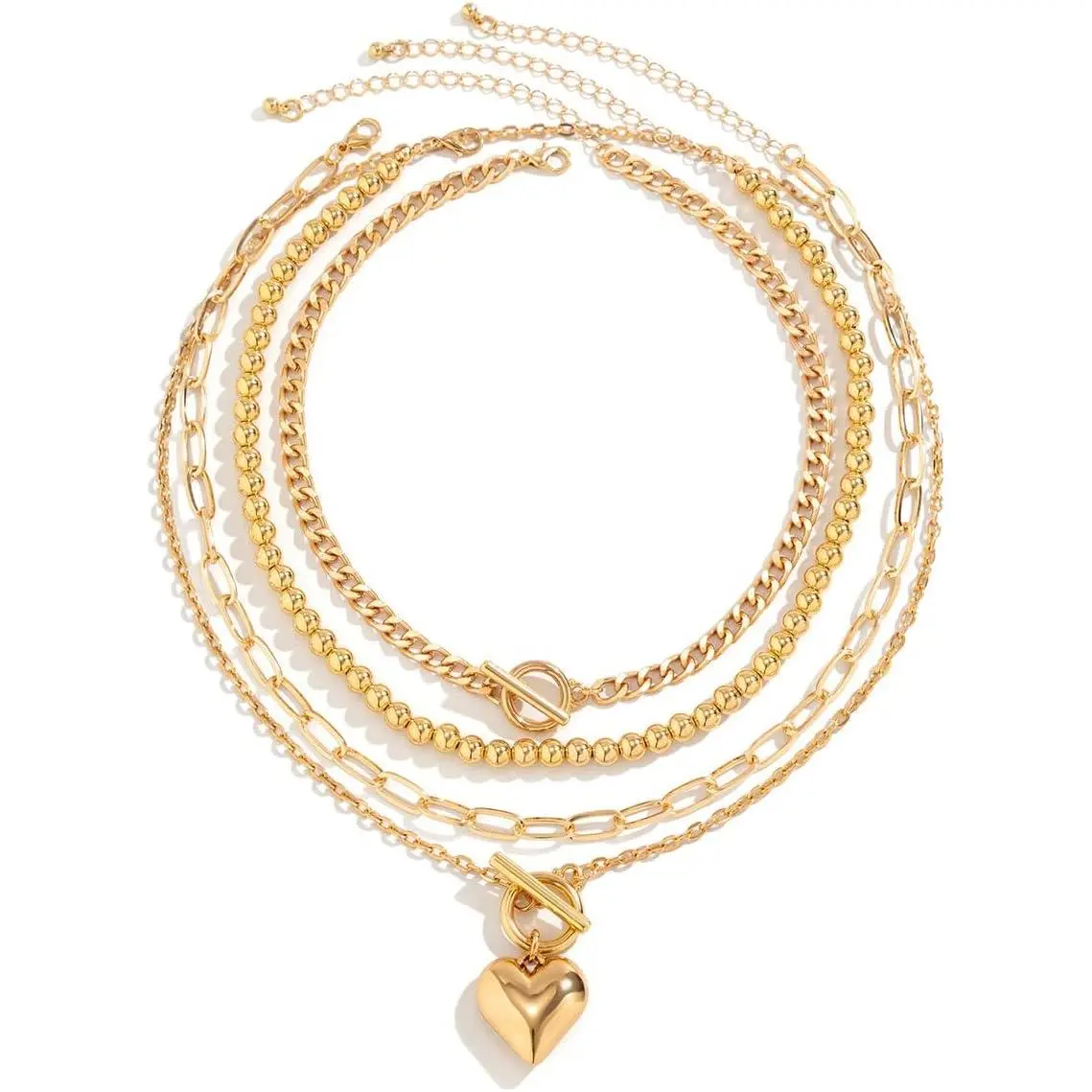 Women's Stackable Layered Choker Necklace Set - Gold Bead Chain, Silver Metal Chain, Buckle Heart Pendant, Trendy Punk Statement Jewelry Gift for Teen Girls