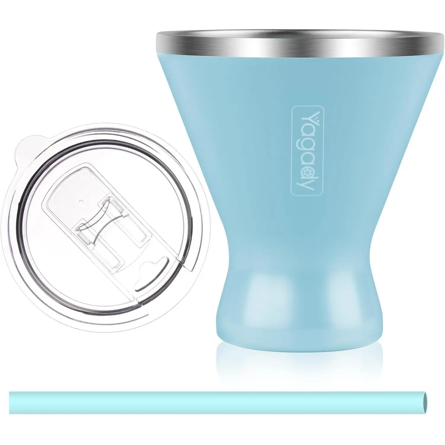 Stainless Steel Martini Tumbler with Lid & Cuttable Silicone Straw - 10oz Vacuum Sealed Insulated Martini Glass - Elegant Design Margarita Glass for Perfectly Chilled Drinks (Blue)Gift.