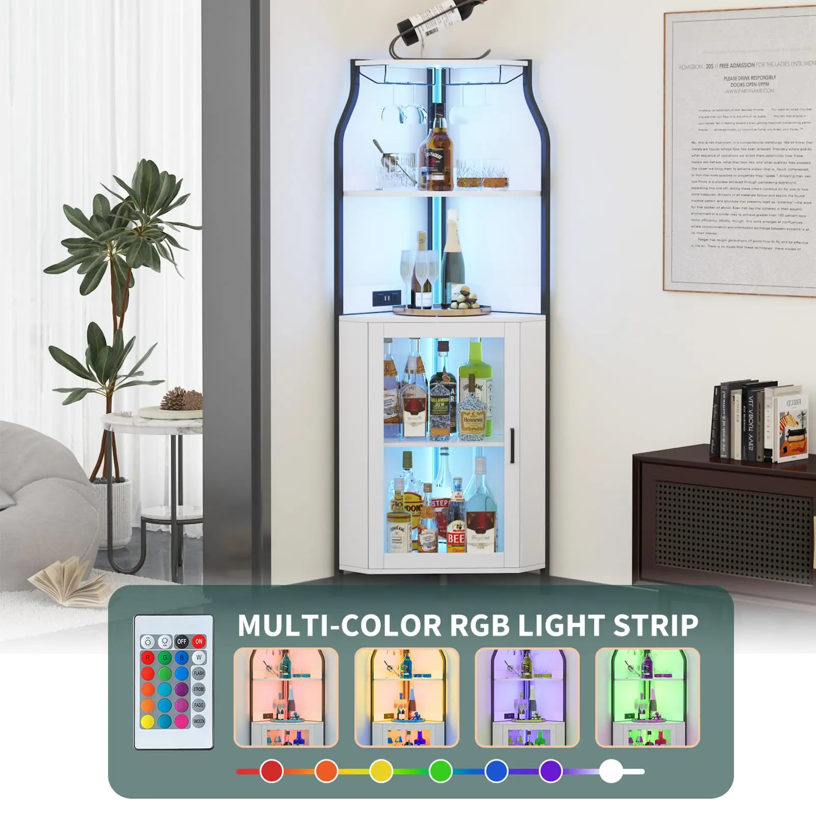 5-Tier Corner Wine Bar Cabinet with Barn Door – Glass Rack & Adjustable Shelves – Farmhouse Liquor Storage