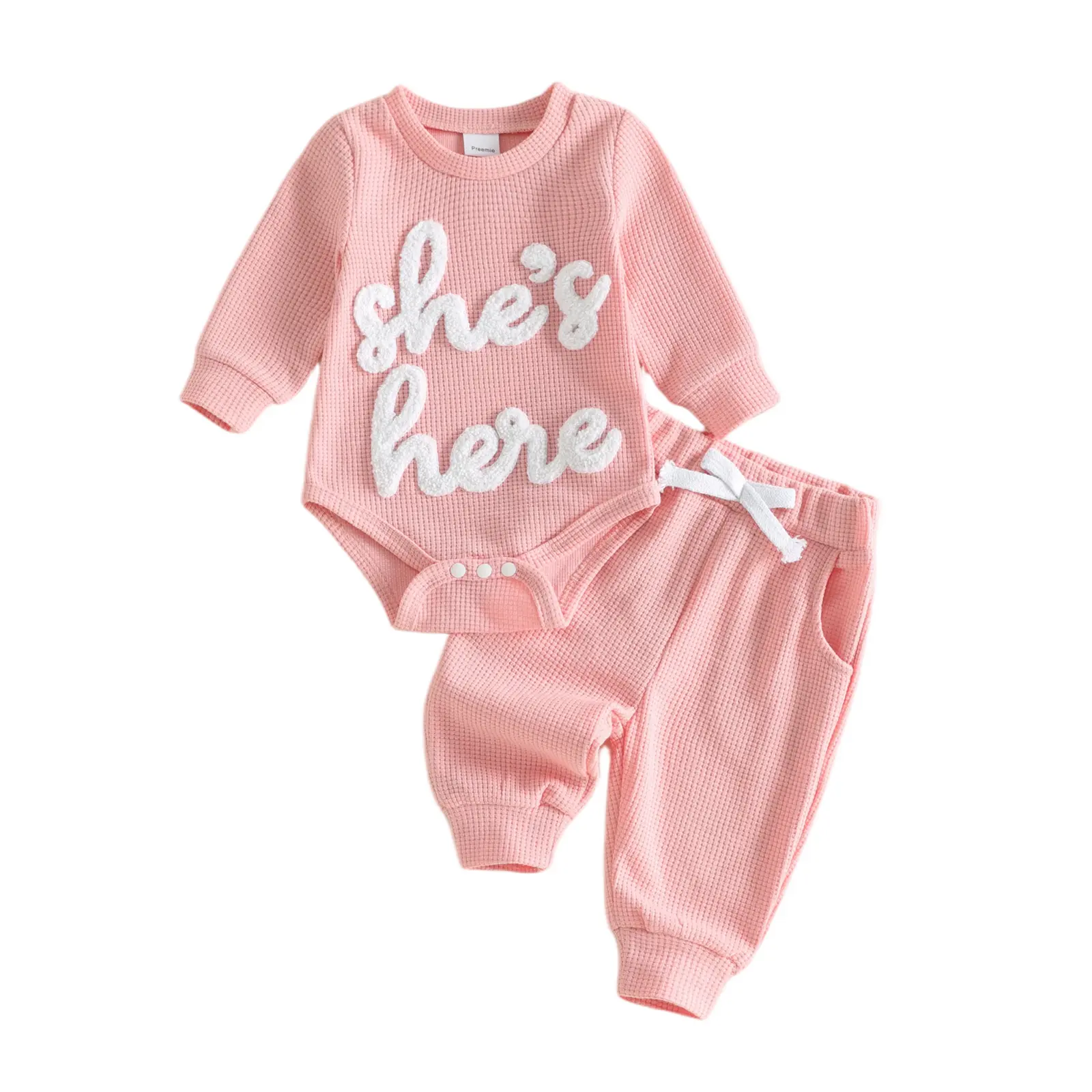 Newborn Baby Girl Outfit Waffle Long Sleeve Romper and Elastic Waist Pants Set Preemie Fall Winter 0-6 Months