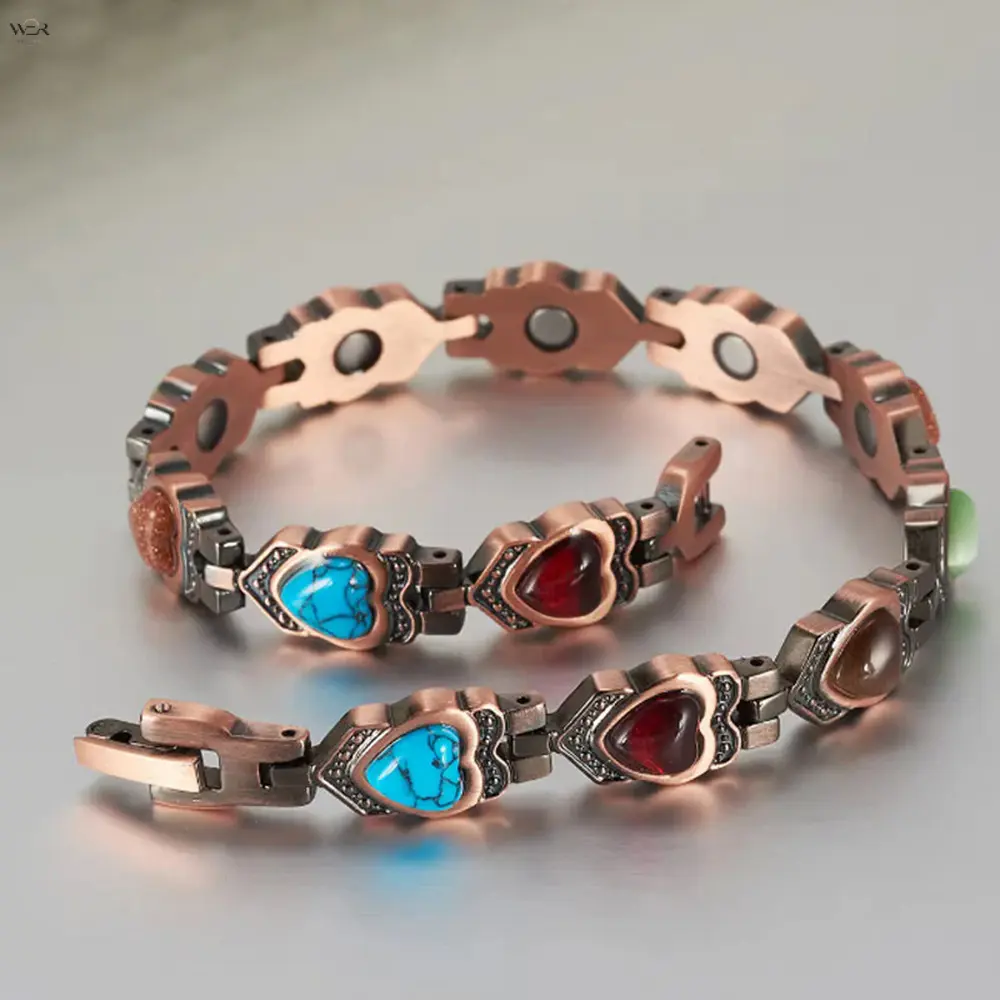 Women's Vintage Red Copper Heart Motif Healing Crystal Magnetic Therapy Bracelet - Multi-Color Natural Stone Link, Adjustable Size Ladies Wear Jewelry, Gift Ideas for Women, Link Bracelet