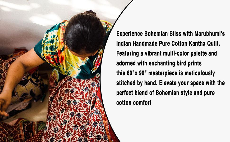 Indian Stitched Pure Cotton Bohemian Bird Print Kantha (Navy, Twin (60"x 90"))