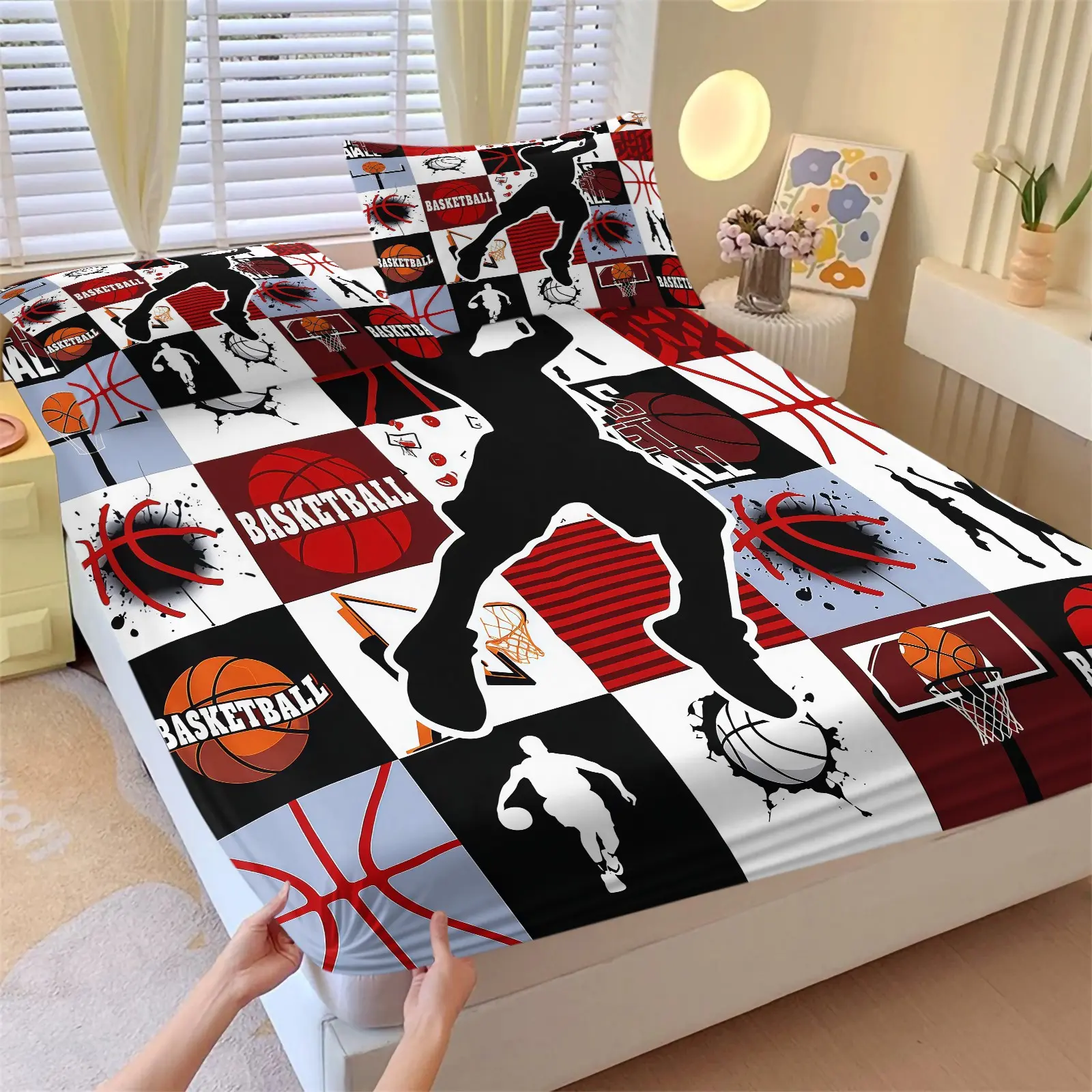 Basketball Sports Pattern Fitted Sheet, Dunk Design Bedding Set (1 Sheet + 2 Pillowcases, No Pillow Insert), Suitable For Teenagers And Adults, Guest Rooms, Dormitories, And Master Bedroom Scenarios