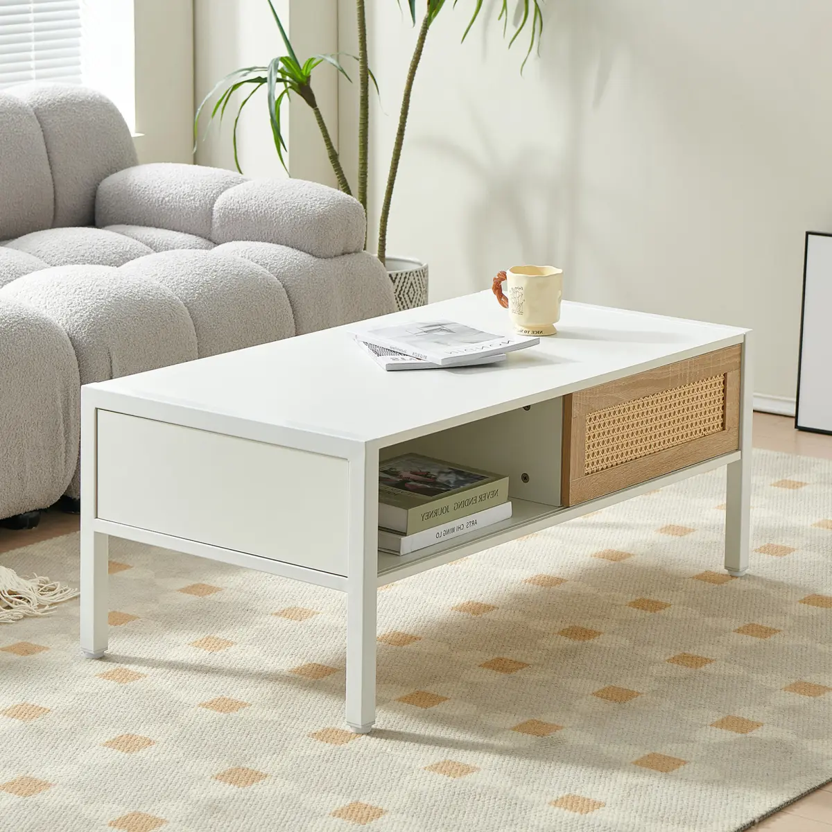 Modern White Rectangle Rattan Coffee Table - 40.16"L x21.26"W x16.54"H, Metal Legs, Sliding Door Storage Panel, Engineered Wood Smooth Surface, Easy Assembly, 220lbs Capacity, 38.3lbs, Indoor Living Room/Office Areas Furniture, Coffee Tables, 38.3 Lbs