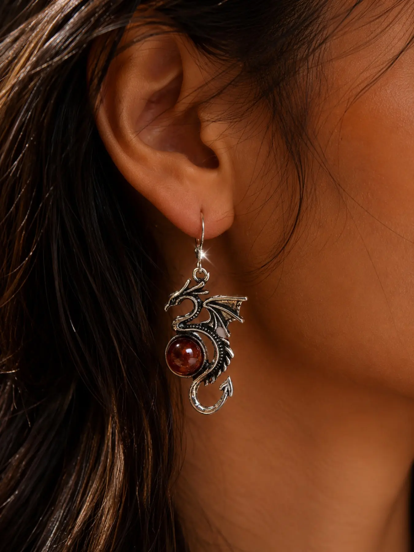 Gothic Dragon Earrings for Women Men • Vintage Punk Winged Dragon Drop Earrings with Red Bead • Retro Grunge Fairycore Ear Jewelry Aesthetic Gift