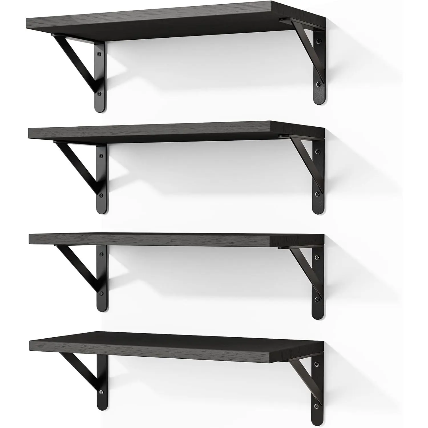Wall Floating Shelves for Home Decor (Black, Set of 4, 16.5 Inch) | Wood Shelves, Natural Grain, 40Lb Capacity, Sturdy Triangle Brackets, Versatile for Any Room