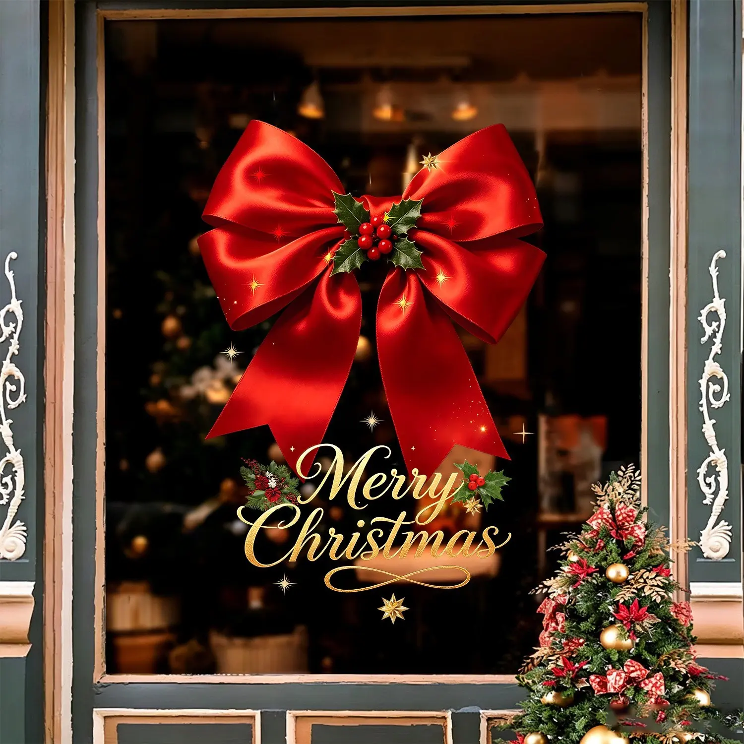 Christmas Bow Sticker, Static Window Decal, No Glue, Removable, Glass Safe, Living Room Decoration, Holiday Atmosphere, Ornaments