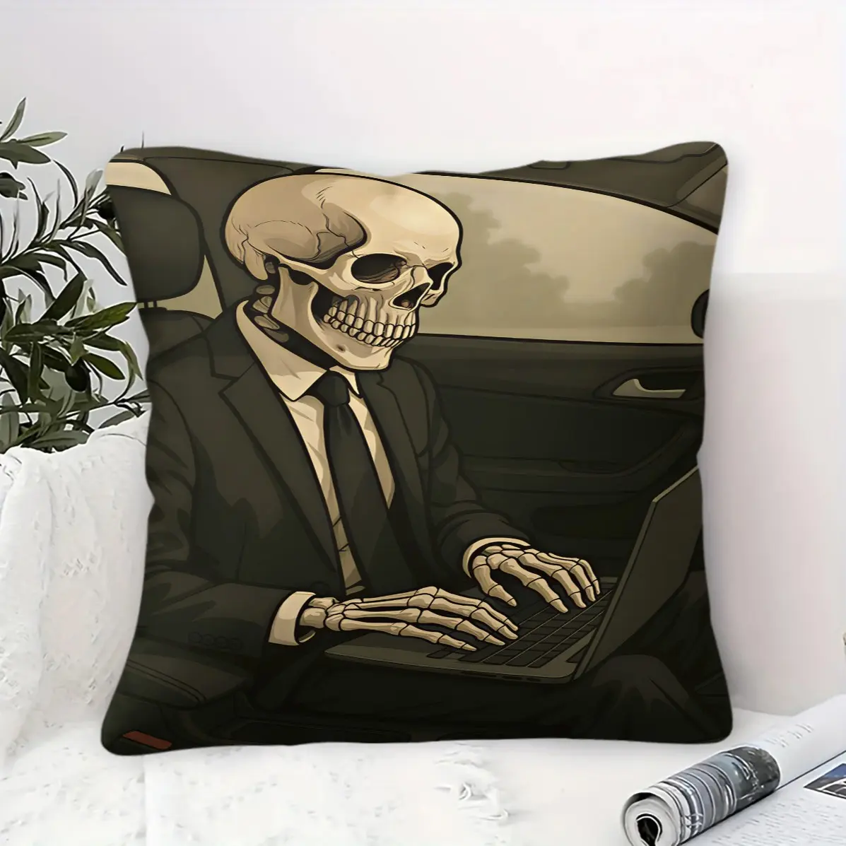 45x45cmDark Skeleton Art Throw Pillow, machine washable, trendy print, plump soft filling, home decorative cushion for living room bedroom sofa (with pillow insert)