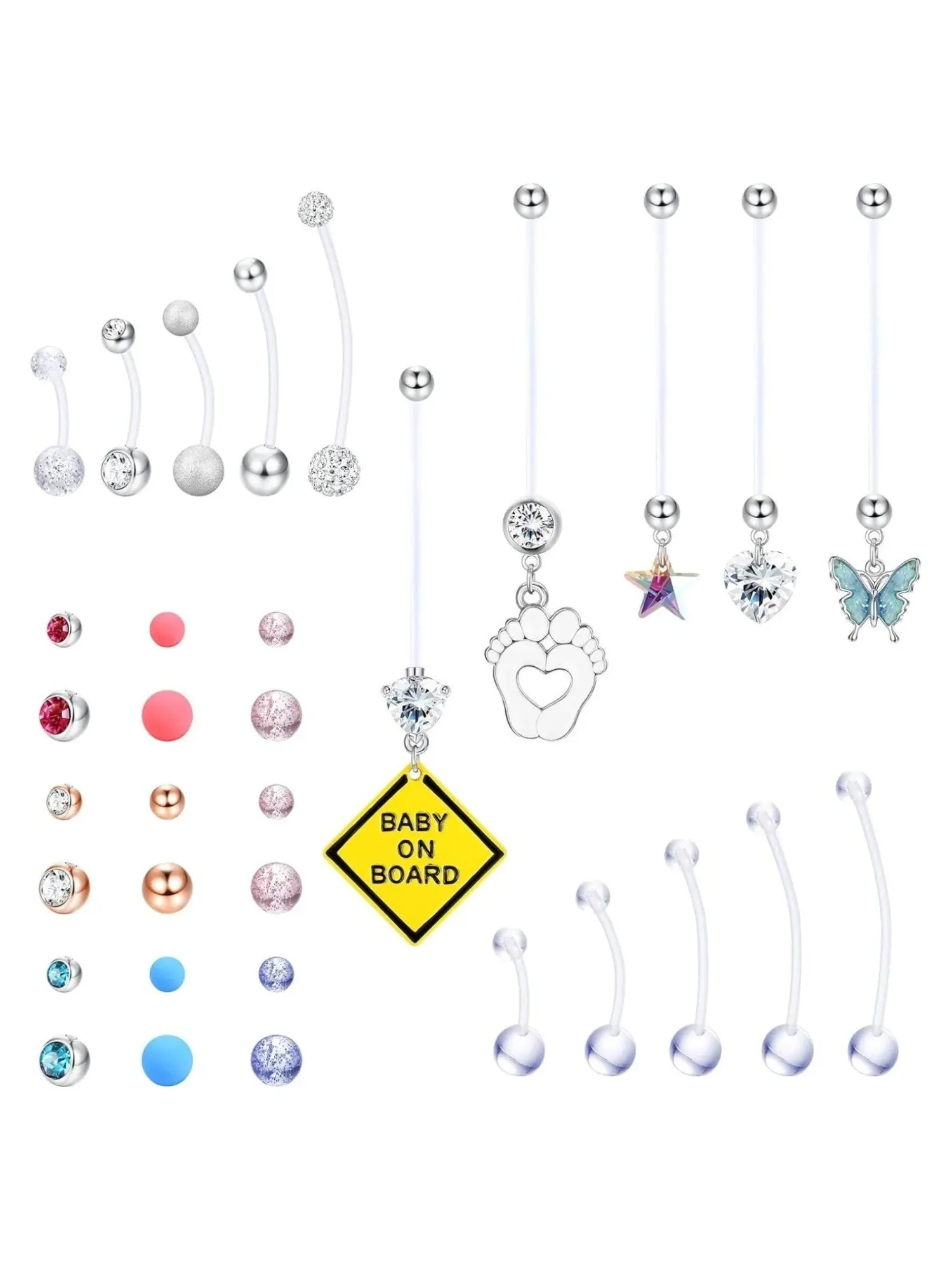 32 Pcs Plastic Pregnancy Belly Button Rings Long Bar Navel Rings for Maternity Sport Pregnant Women Flexible Clear Acrylic Dangle Belly Rings with Different Length Bar and Balls for Replacement