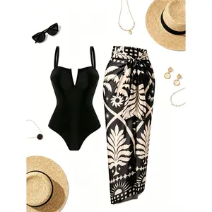 Women 2 Piece Swimsuit Cover Up Set, V Notch Spaghetti Strap Black One Piece Monokini With Tropical Floral Wrap Sarong Skirt , Slimming Tummy Control Elegant Resort Bathing Suit for Beach, Pool, Cruise & Tropical Holiday#SwimWeek #SummerVibes