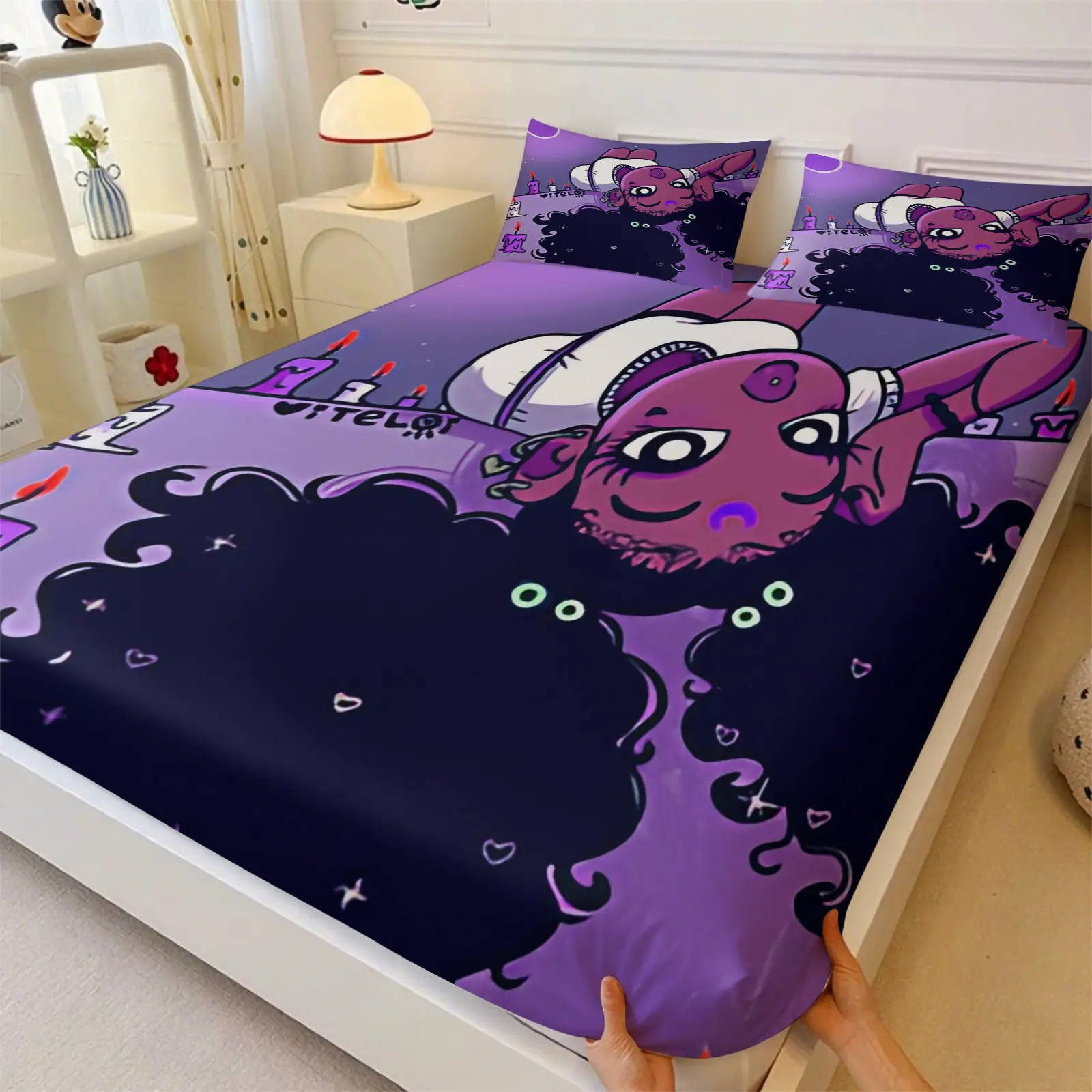 Dark Style American Cartoon Girl Fitted Sheet Set & 2 Pcs Without Pillowcase, Dark Purple Base with Curly-Haired Cartoon Girl Image, Comfortable Durable Anti-Slip, Y2K Millennial Style Girls Bedroom Decor