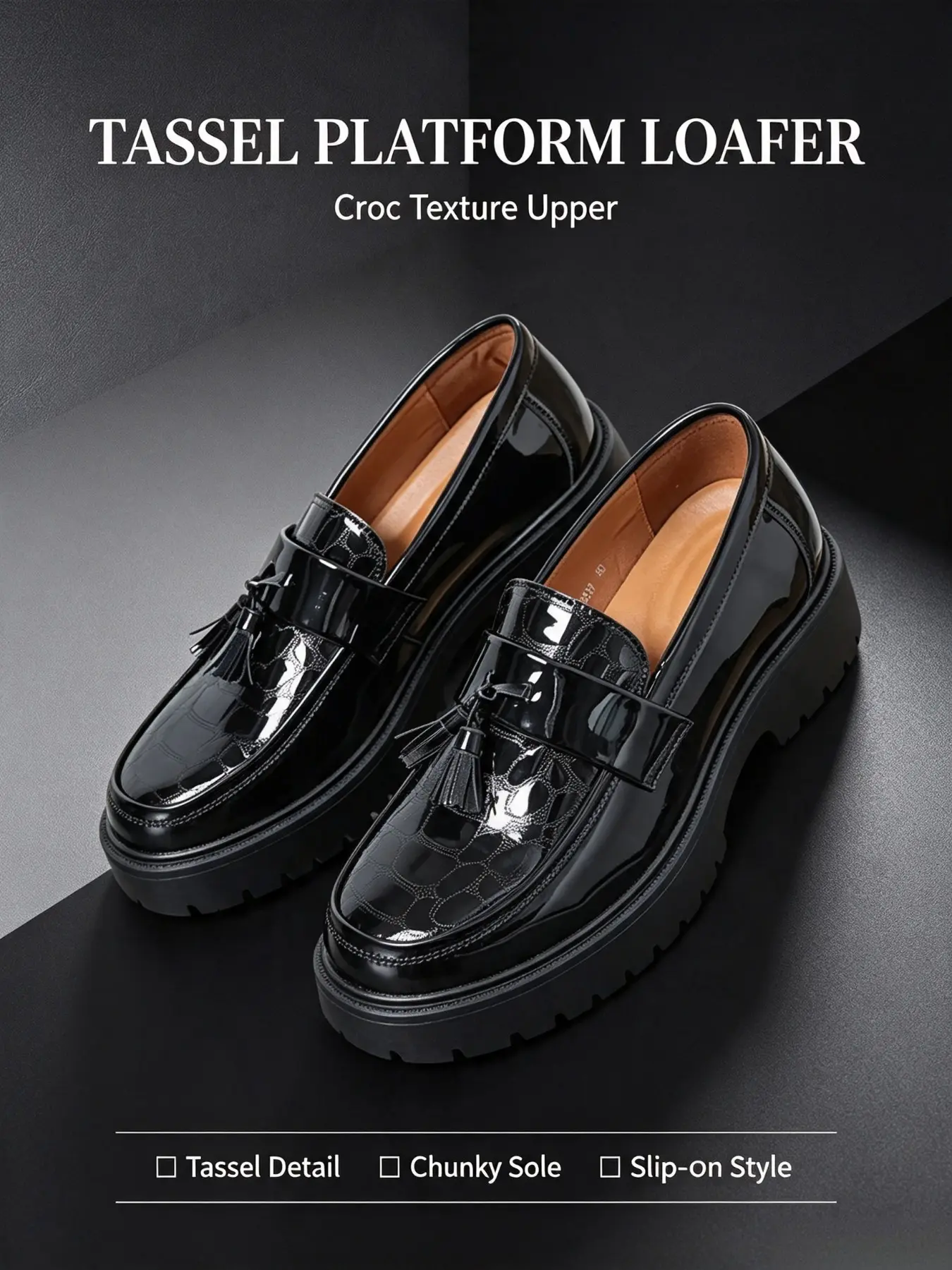 Men Croc Texture Tassel Loafers Chunky Platform Slip‑On Dress Shoes For Business Party Daily Wear Black White Luxury Patent Leather Tassel Loafers For Men, Thick Lug Sole Casual Formal Shoes