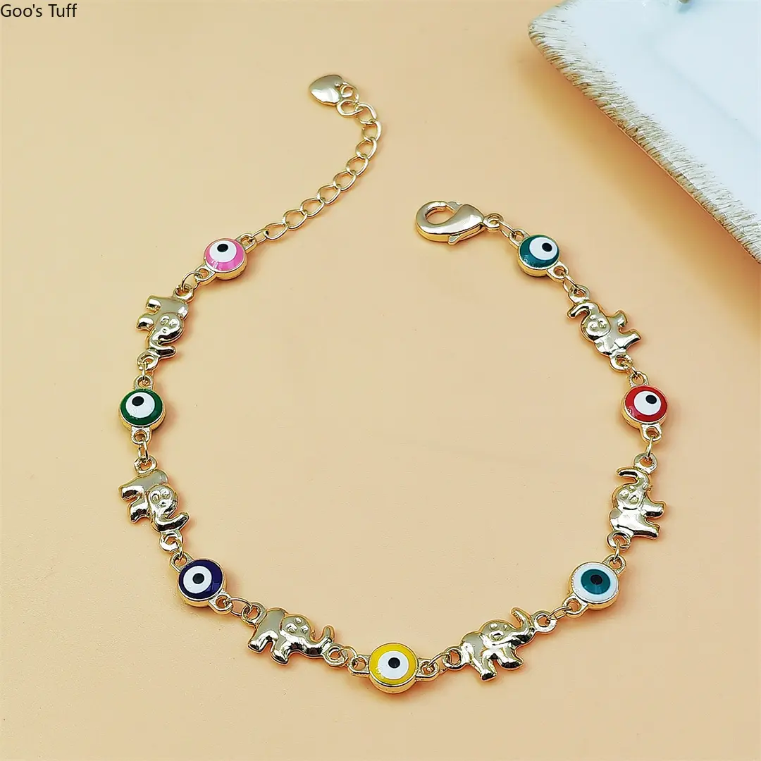 Ins‑Style Bohemian Elephant Chain Anklet Evil‑Eye Enamel Drop‑Oil Gold‑Plated Bracelet for Women Unique Fashion Wrist Ankle Jewelry for Daily Wear Beach Outing Festival Occasions