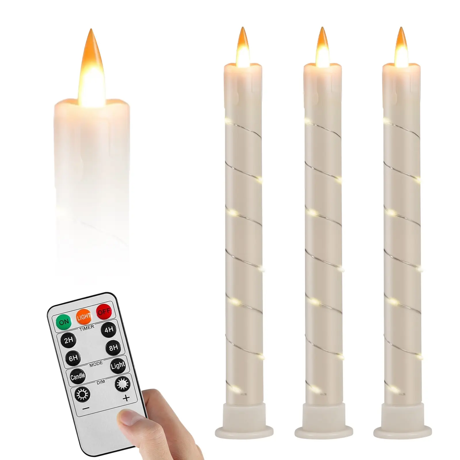 Flameless LED Candle Set, 3-Pack Taper Candles, Battery Operated with Flickering Flame Effect, Featuring Starry String Lights, Atmosphere Light, Pillar Candles with Timer Function, Ideal for Weddings, Birthday Parties (Ivory White)