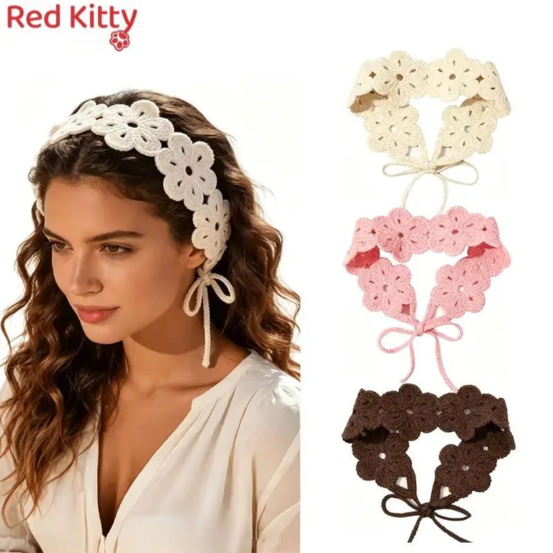 3Pcs Floral Crochet Headbands for Women, Boho Chic Round Band, Soft Stretch Polyester with Adjustable Tie for Summer Vacation