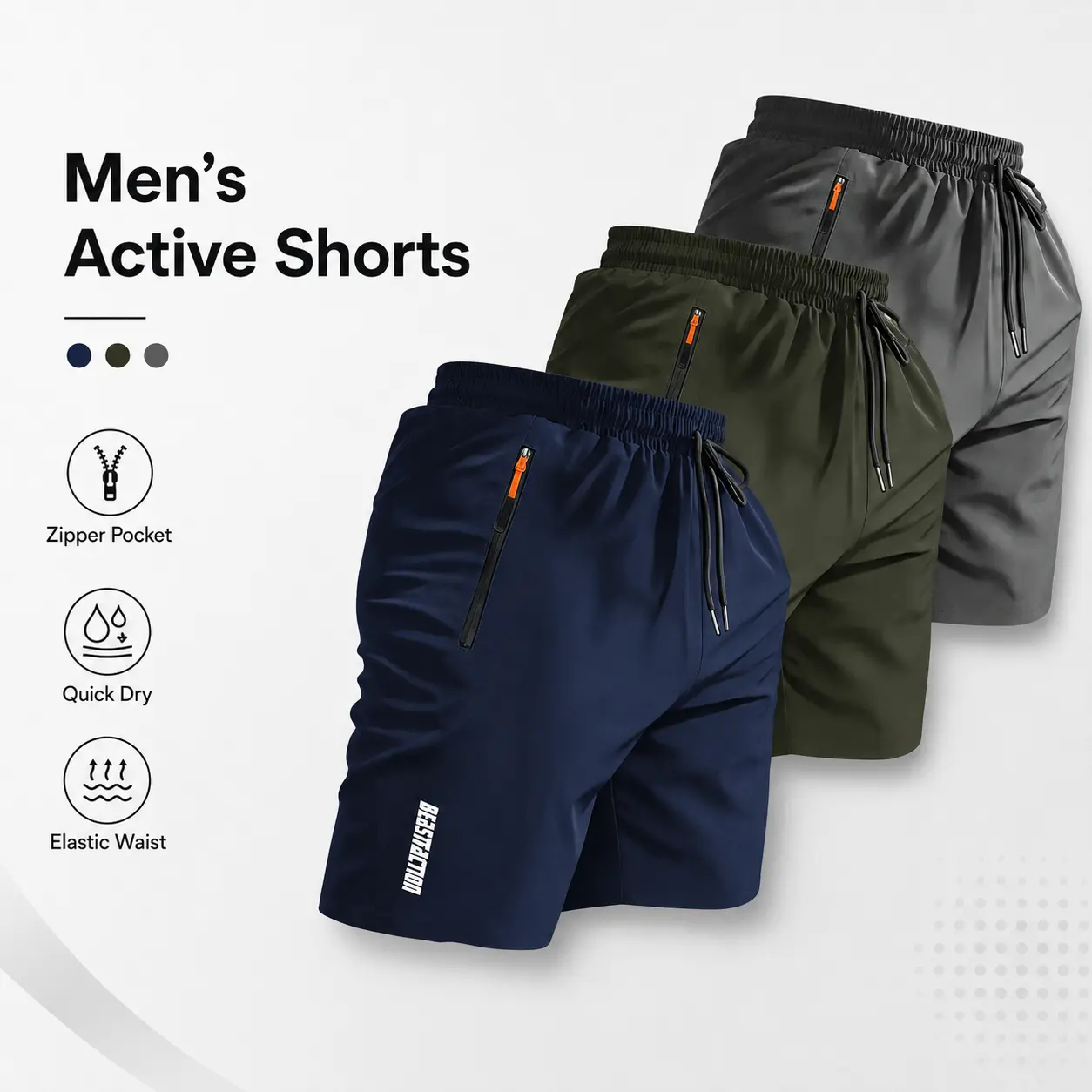 Men's Quick Dry Athletic Workout Shorts Elastic Drawstring Zipper Pockets Running Gym Casual Summer Shorts