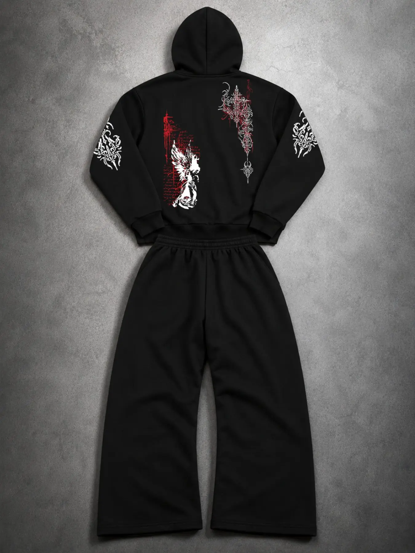 Y2K Men's Streetwear Tracksuit Set, Black Oversized Hoodie and Sweatpants Outfit with Vintage Gothic Graphic Print, Trendy Urban Hip Hop Two Piece Set for Casual Daily Wear, Street Fashion and Festival Outfit, Casual Athletic Clothing