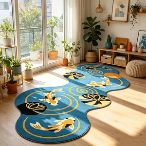 Lake blue bottom koi lotus wave shaped carpet, new Chinese style thickened plush floor mat, suitable for wooden/Zen style home decoration, anti slip foot mat for entrance hallway