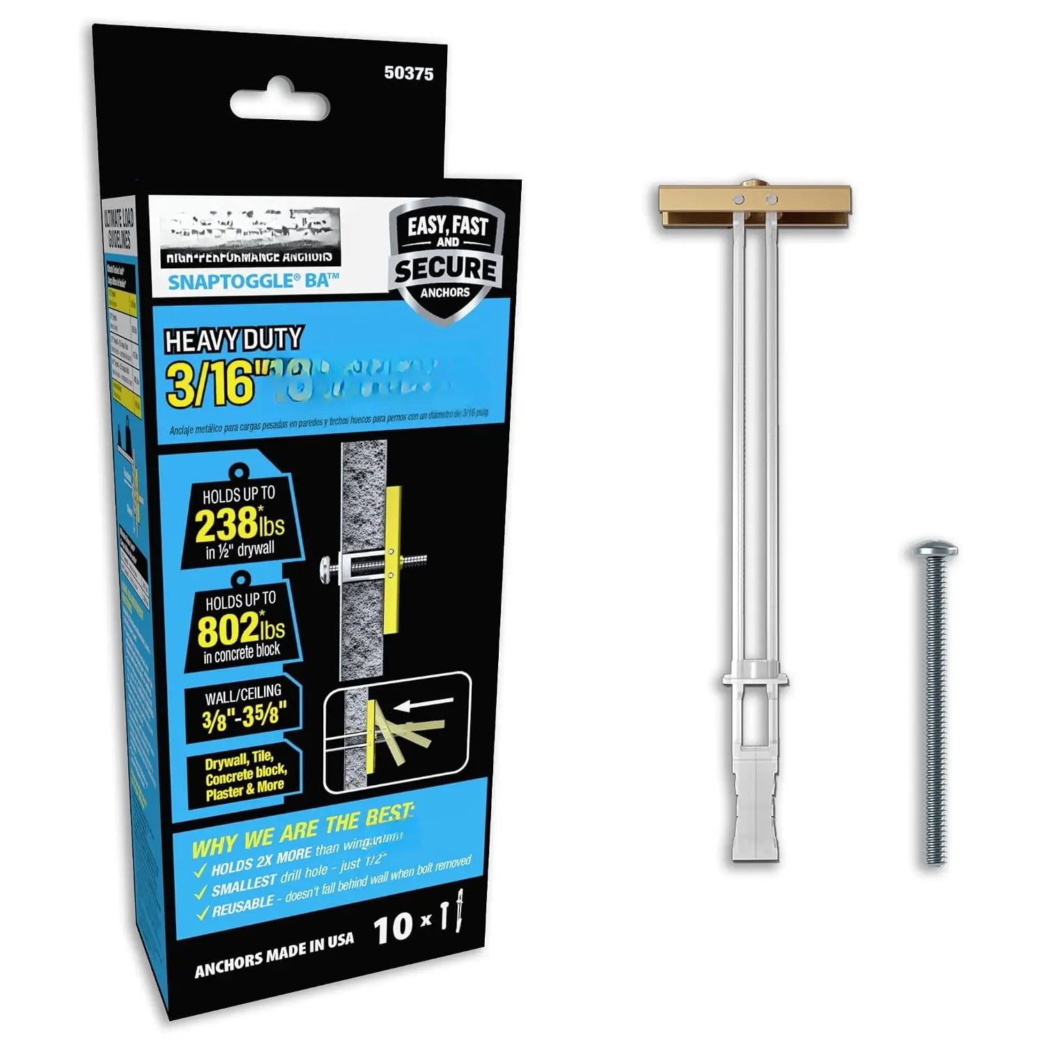 SNAPTOGGLE Heavy-Duty Drywall Toggle Bolt – 3/16"-24 UNC Zinc-Plated Anchor for Hollow Walls, Plaster & Tile – Holds 238 lbs in 1/2" Drywall, Easy Install – 2 Pack ( Included)