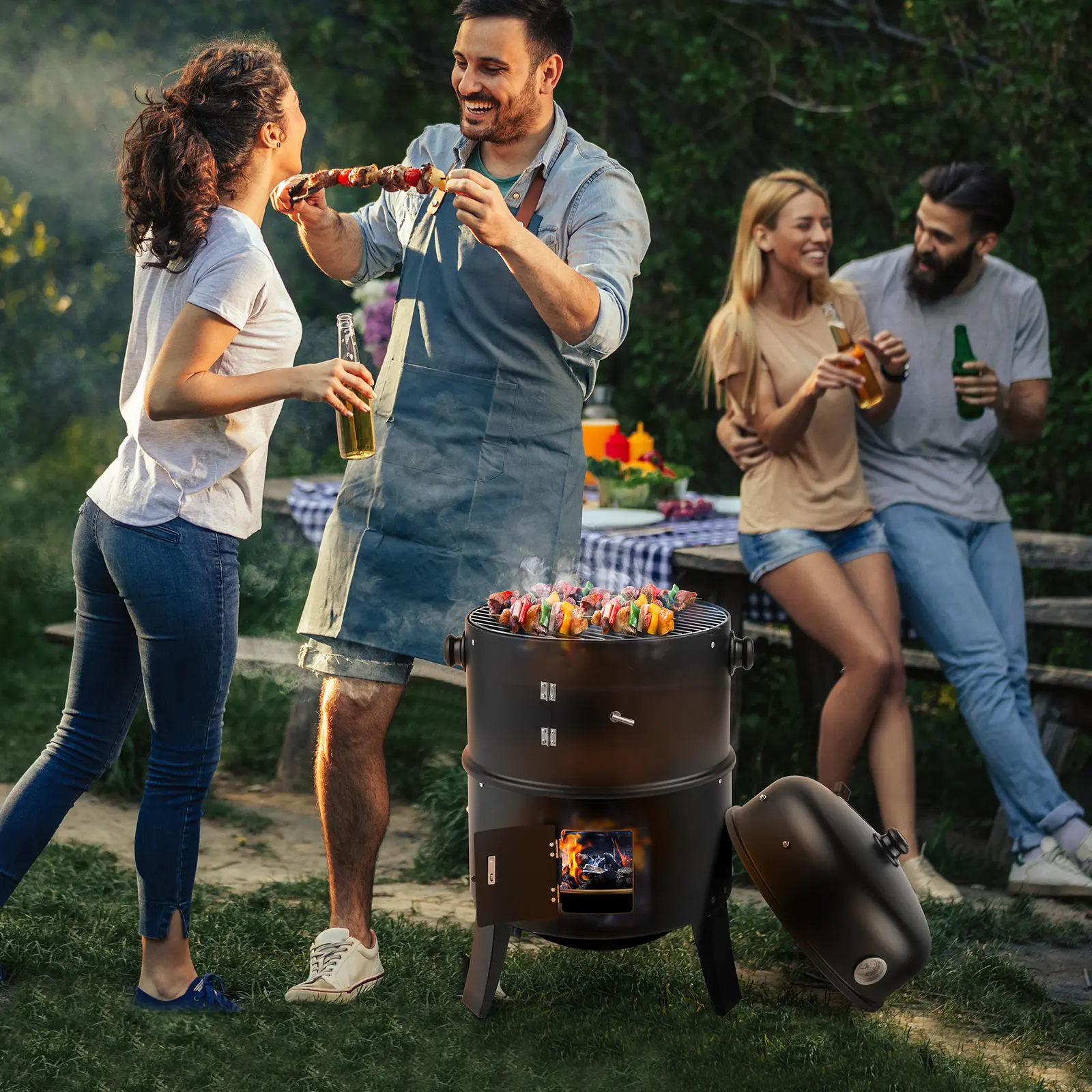 Portable Charcoal Smoker Grill - For Camping, Backyard BBQ, Tailgating & Outdoor Cooking - Heavy Duty Iron Build, Adjustable Air Outlet, Built-in Thermometer, Large Capacity 80x41x48cm