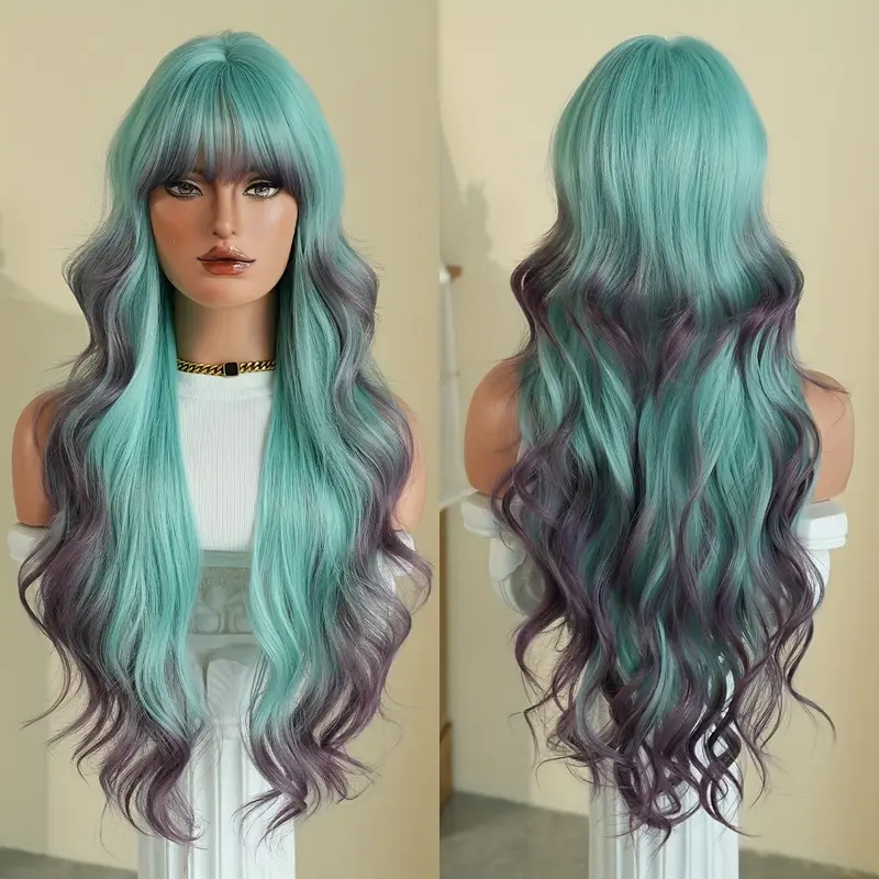 32 inch mint green lavender purple ombre long mermaid wave wig with full bangs.Fluffy heat-resistant curls with breathable cap, fit for daily work, daily outfits, photoshoot, party and Halloween cosplay.