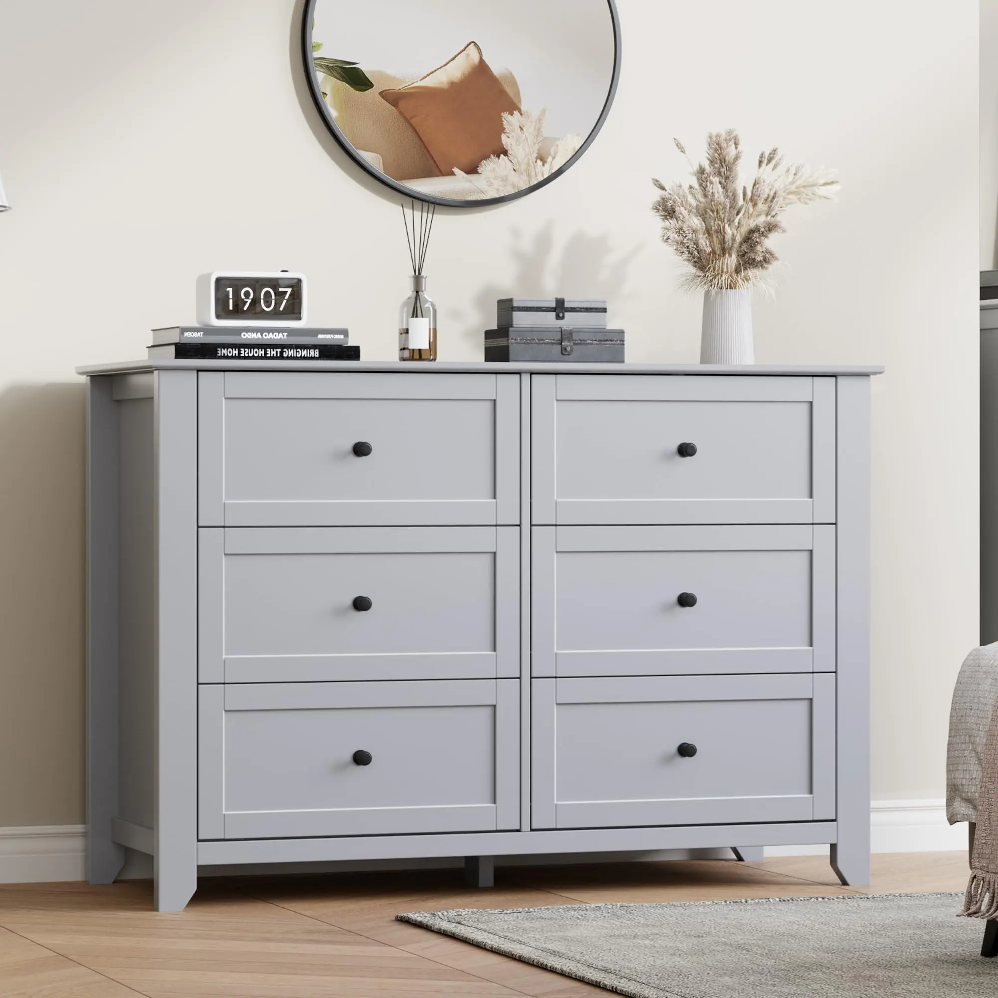 Garvee - Cómoda de 6 cajones para recámara, cómoda Moderna y Grande de 47 Pulgadas de Ancho con pomos de Metal, Organizador de Almacenamiento de Ropa de Madera para clóset, guardería, Sala de Estar