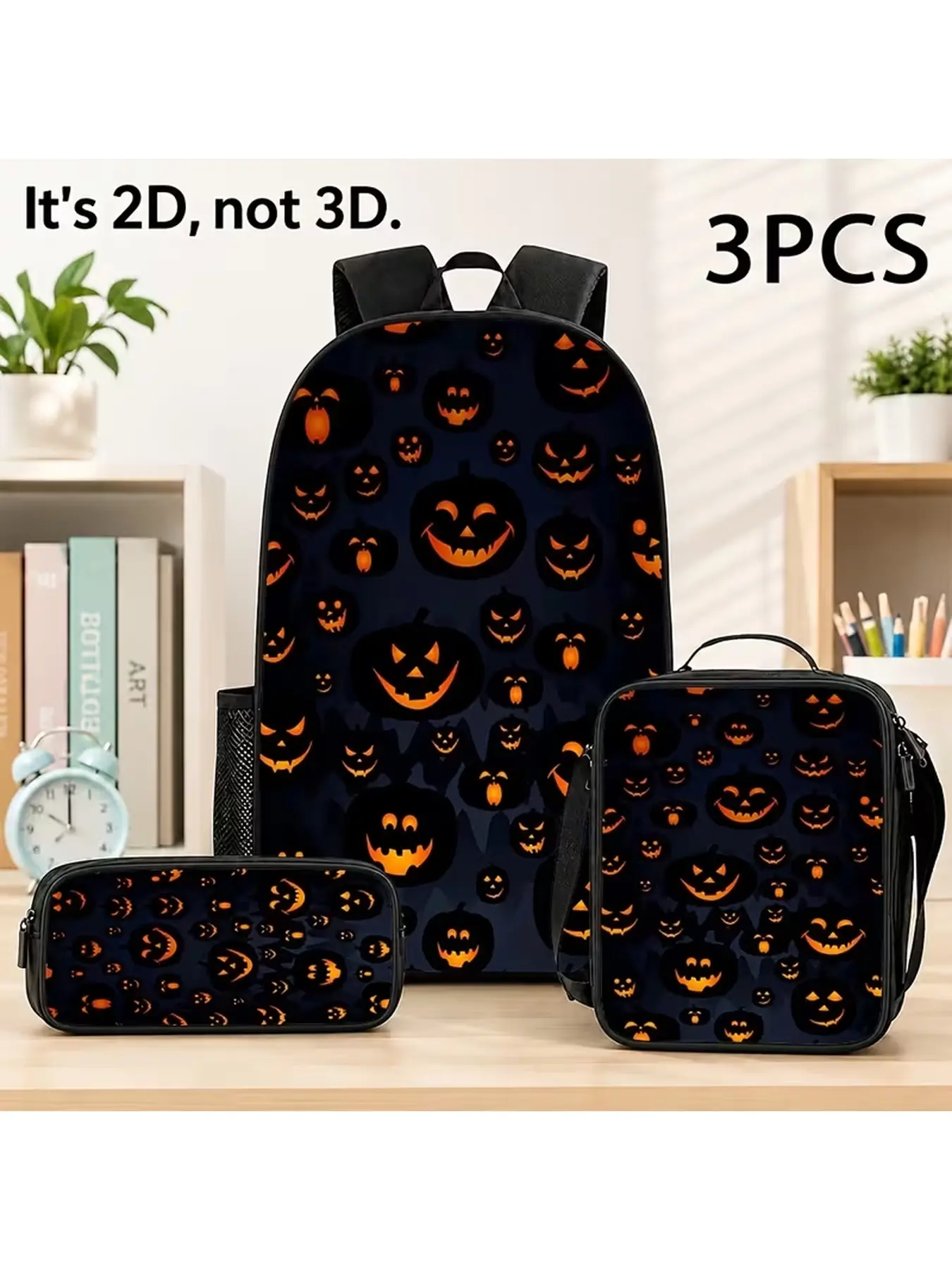 3pcs Halloween Jack O'Lantern Pumpkin Face Laptop Backpack Travel Bag Student School Daily Commute Gift for Teens Adults Men Women Girls Boys