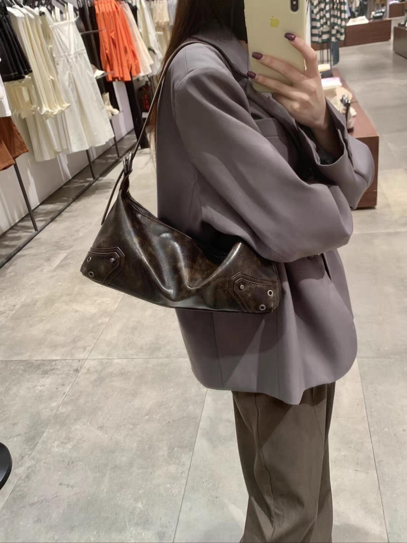 Women's Fashionable Vintage Shoulder Bag, Y2k Style Zipper Underarm Bag for Daily Used, 2023 New Trendy Bag for Party, Club, Convertible Shoulder Bag