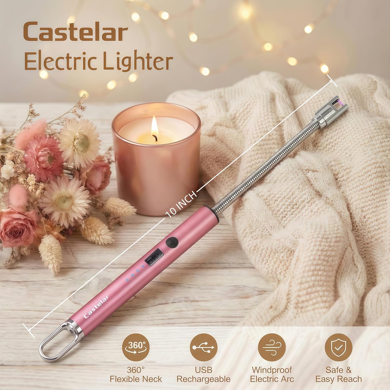 Castelar Electric Candle Lighter Long Flexible Neck  Rechargeable Arc Lighter with Safety Lock for Candle  Camping Housewarming Birthday Gifts