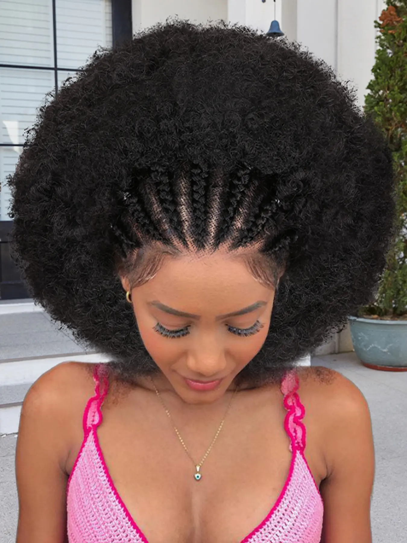 Braided Cornrow Afro Puff Wig 13x4 HD Lace Front Wig for Women Stitch Braids Lace Front Wigs with Baby Hair Glueless Prep lucked Afro Braid Synthetic Natural Black Hair Braided Curly Wigs