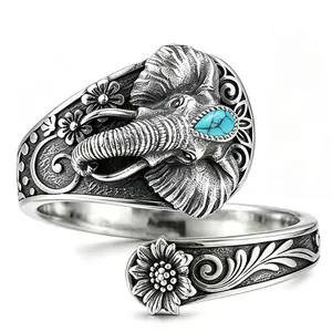 【New Arrival】Turquoise Elephant Lady Open Ring - Boho Chic, Retro European American Style | Adjustable for Trendy Fashionistas!  #BohoJewelry #TurquoiseTrend
