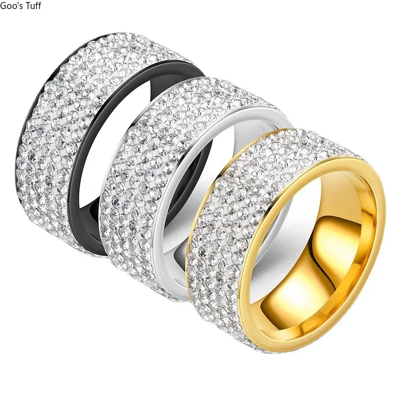 Unisex 5‑Row Rhinestone Titanium Steel Couple Band Ring, Fashion Jewelry for Daily Wear and Date Night