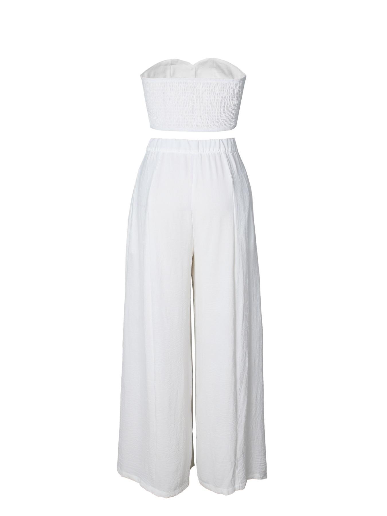 Women's Strapless Crop Top & Wide Leg Pants 2 Piece Set, Elegant Summer Vacation Outfit, High Waist Loose Palazzo Pants Matching Set, Fashion Going Out Party Lounge Two Piece Boutique Outfit