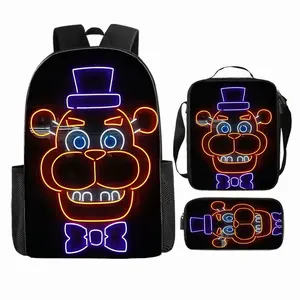 Toy Bear Midnight Palace Freddy Neon Lines Pure Black Three-Piece School Bag Set, including a backpack, insulated lunch bag, and pencil case, suitable for teenagers' daily school use