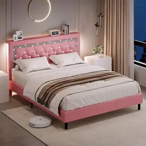Bed Frame With LED Lights, Queen Bed Frame With Storage And  Diamond Tufted Headboard, Wooden Slats Support, No Box Spring Needed, Easy Assembly, Bedroom Deccor, Bedroom Furniture, Twin/ Full/ Queen/ King, White/ Pink / Black (USB LED Strip)