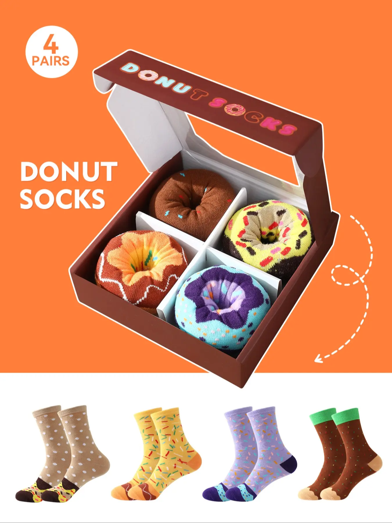 4 Pairs of Fun Donut Socks Gift Box, Funny Socks Soft and Comfortable Unisex Colorful Graphic Casual Socks for Valentine’s Day, Easter/Ramadan/Super Bowl, Perfect for Parties and Everyday Wear Surprise Gift for Partner & Family