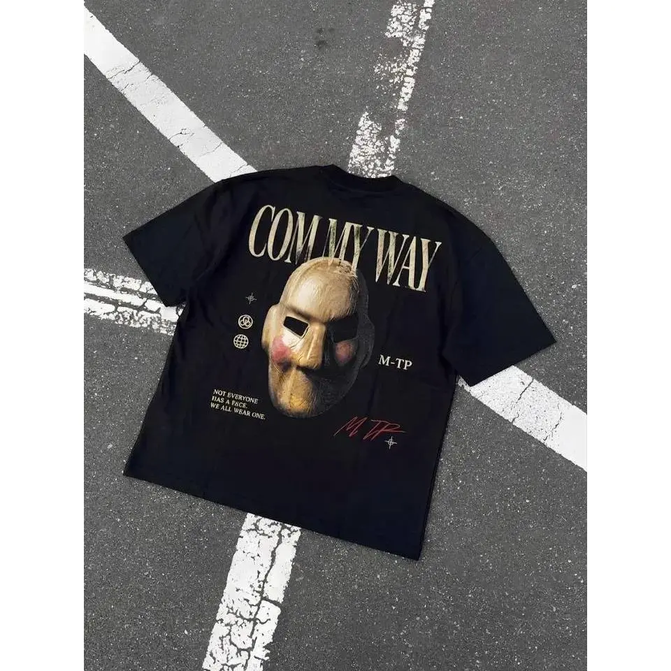 M-TP "Come My Way" Graphic Tee - Oversized Heavyweight Cotton T-Shirt with Wooden Mask Art Back Print