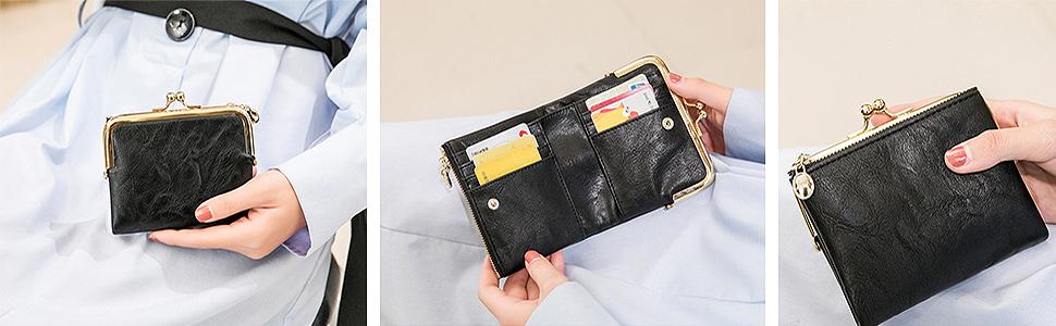 Women's Vintage Leather Wallet with Kiss Lock, Small Compact RFID Blocking Bifold Coin Purse, Ladies Money Organizer with Zipper Pocket for Cash and Cards