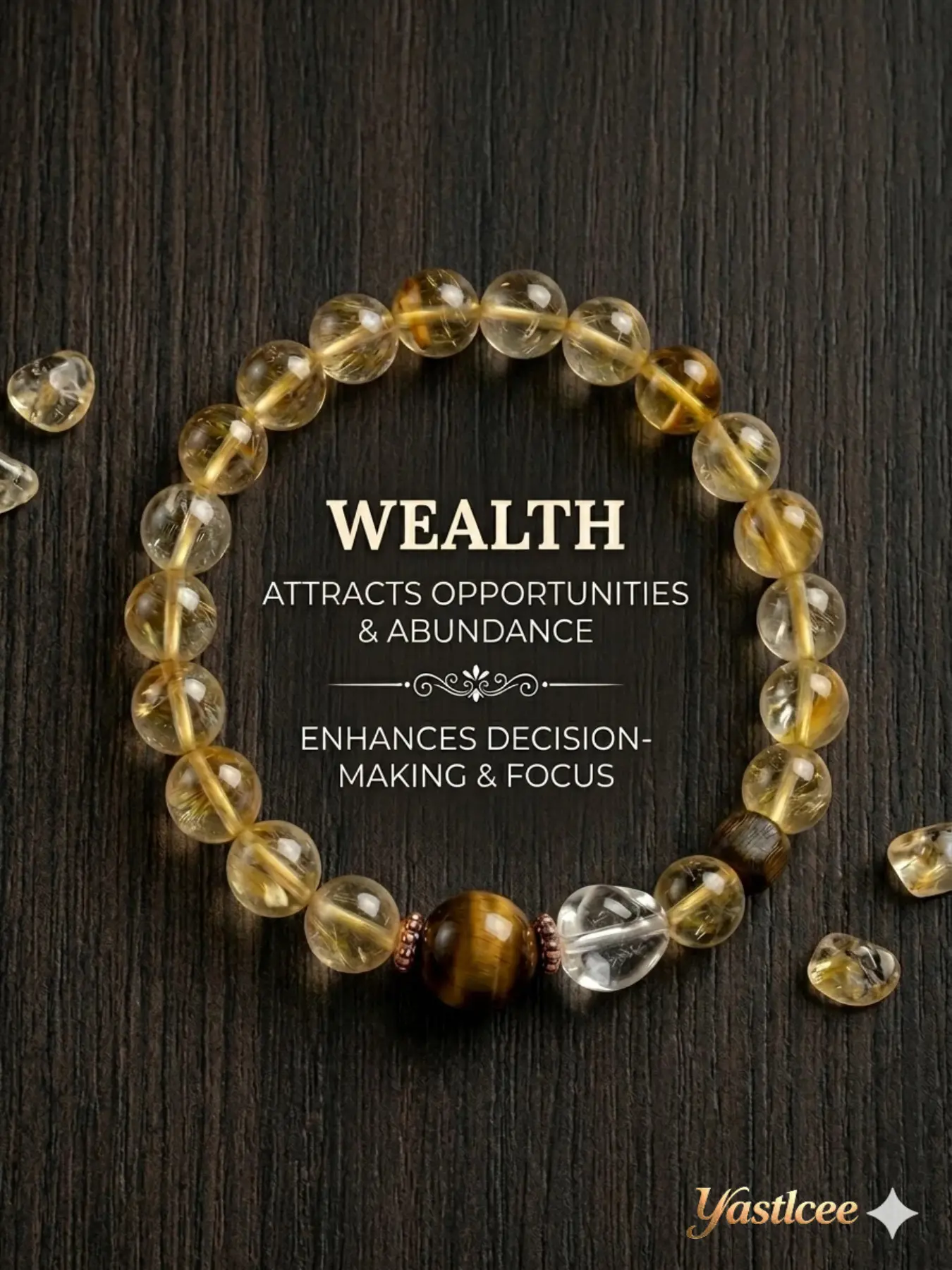 Yastlcee 1 Piece Natural Yellow Tower Citrine, Tiger's Eye & Agarwood Multi-Gemstone Natural Crystal Bracelet, 4-Strand Elastic Cord Design, Undyed & Break-Resistant, Perfect for Yoga, Meditation, Office, Daily Wear & Casual Versatile Styling