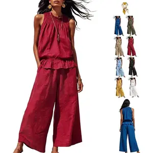 Two-Piece Set Linen Blend Sleeveless, Womens Wide Leg Pants Outfit Breathable Lightweight Vacation