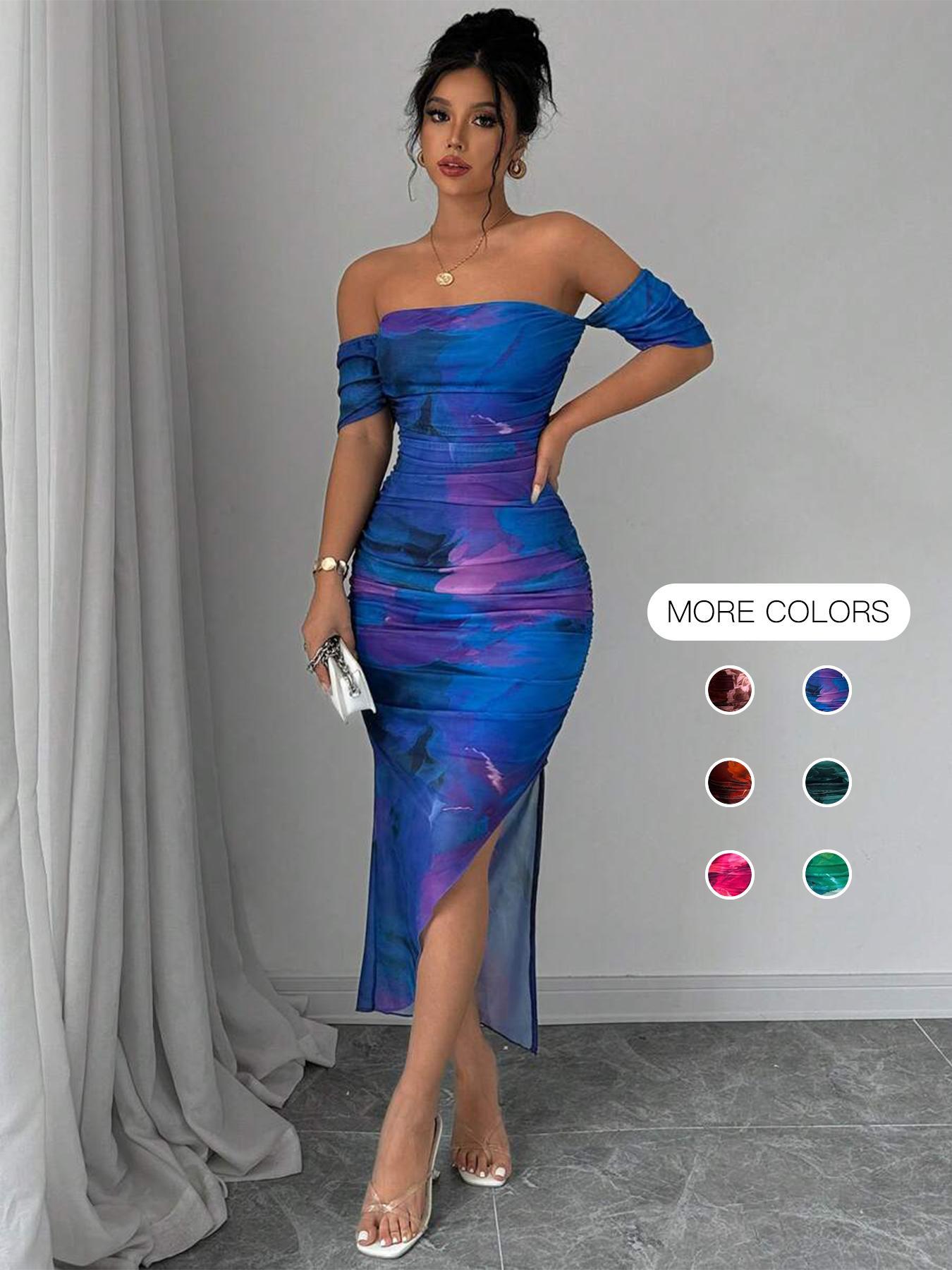 Women's All Over Print Off Shoulder Mesh Breathable Slit Dress, Elegant Chic Fashion Casual Dress for Party Club Dating Wear, Women Dress for Summer