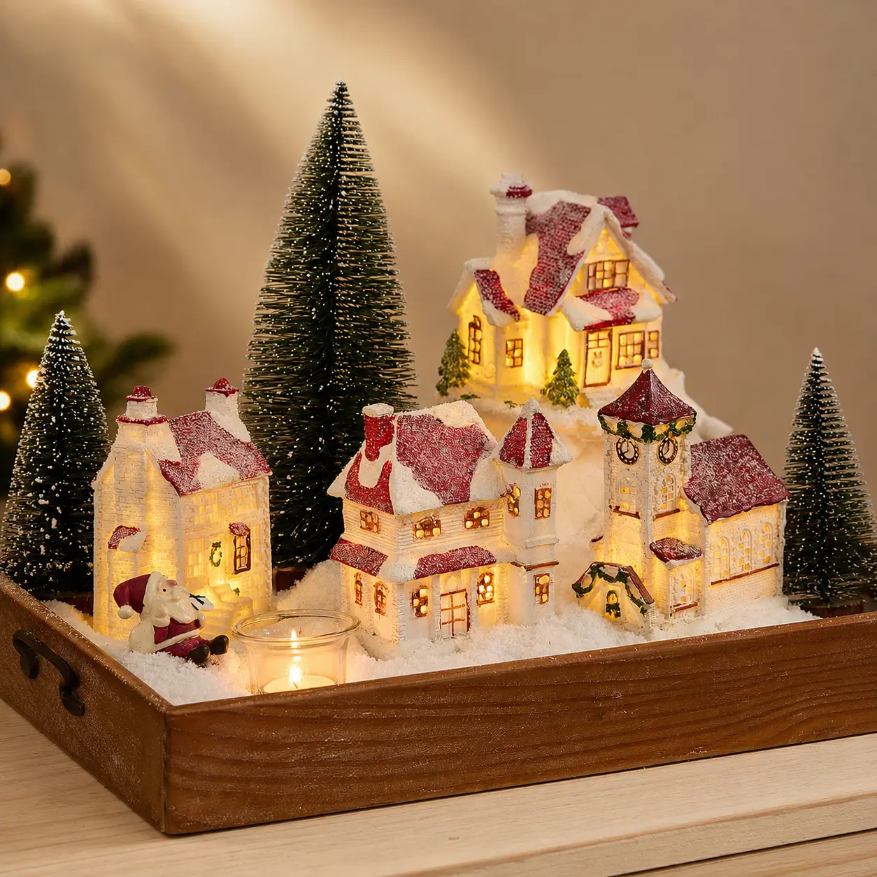 Lighted Christmas Village Tabletop Decor Set, Mini Snowy House Scene with Wooden Tray, Bottle Brush Trees, Santa Figurine & Warm Candle Accent, Cozy Xmas Mantel Centerpiece for Living Room, Dining Table, Shelf, Fireplace, Holiday Gift