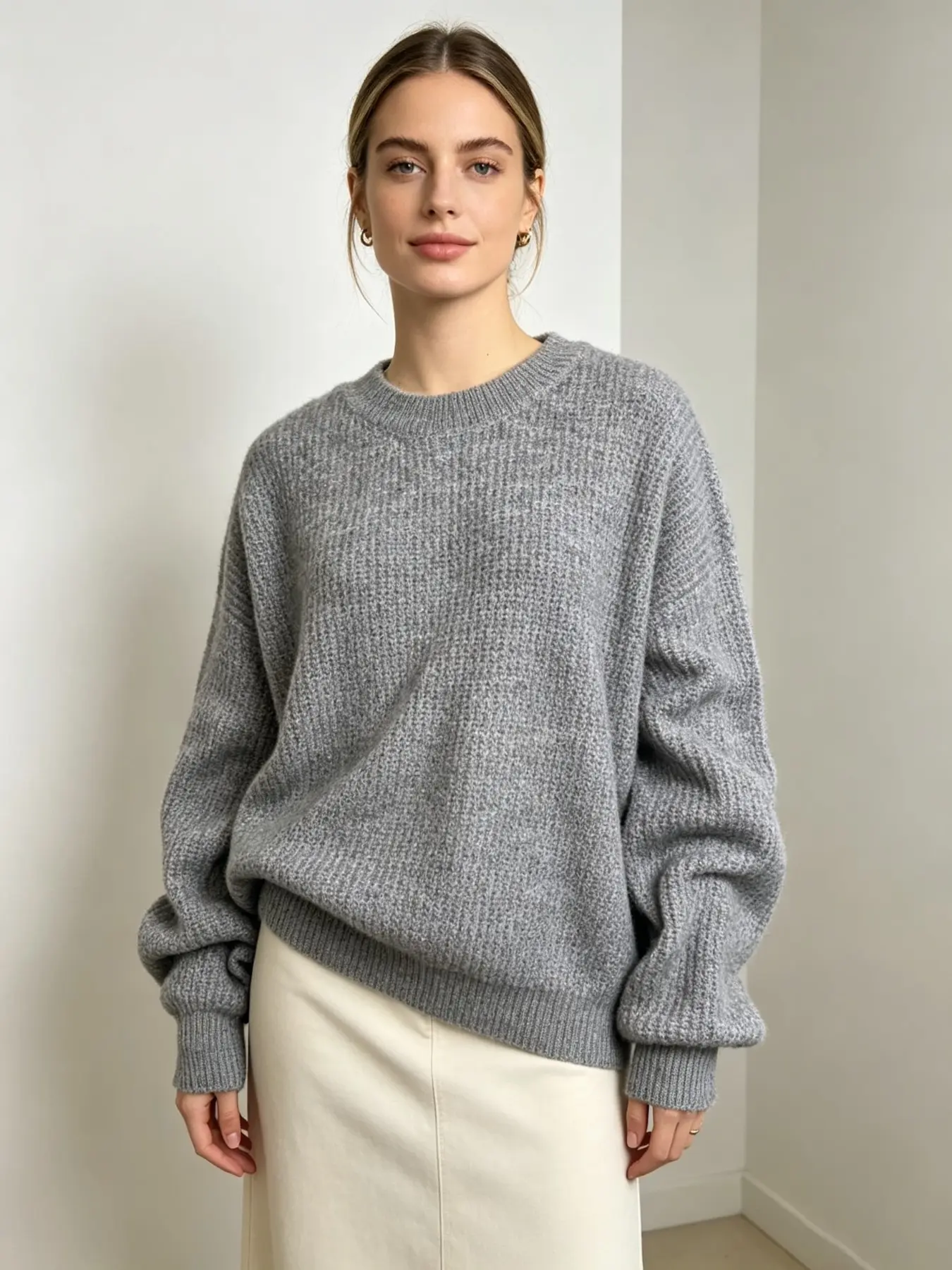 Warm Wide Knit Sweater for Women, Heavyweight Cozy Crew Neck Pullover, Loose Fit Drop Shoulder Thick Sweatshirt