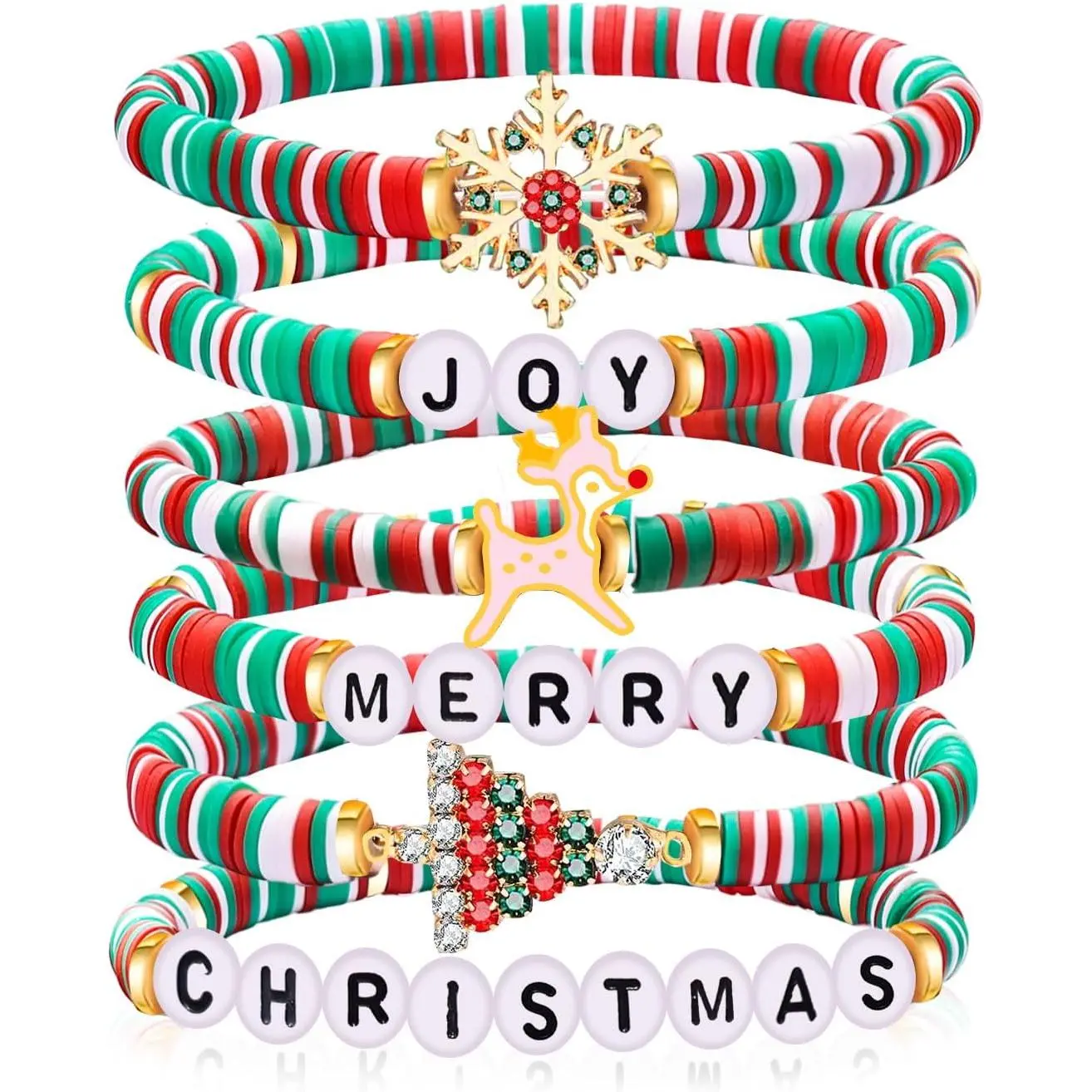 Christmas Bracelets 6 Packs for Women Men Teens | Joy Merry Christmas Charms, Beaded Stretch,  Gifts, Outfit Accessories