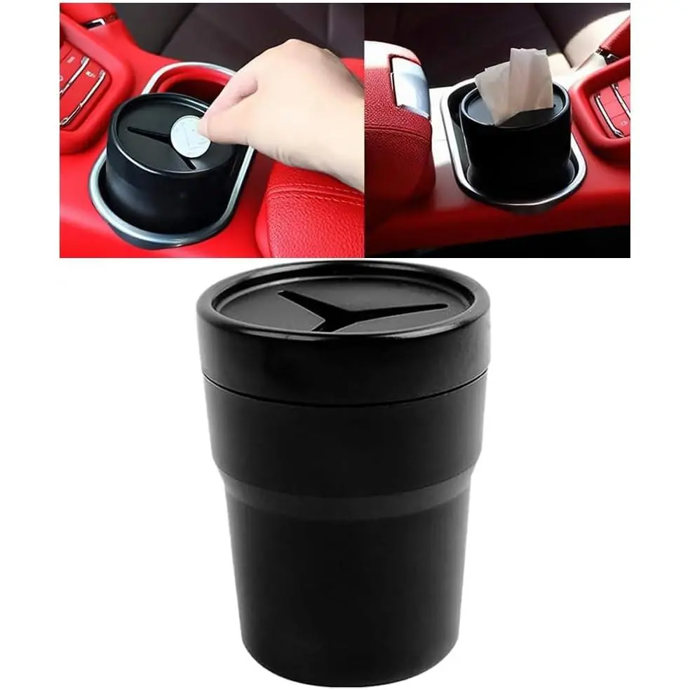 Trash Can with Lid, Multipurpose Mini Leakproof Auto Garbage Bin Fits Cup Holder Console Door, Small Portable Auto Interior Dustbin Organizer Accessories,  Fit