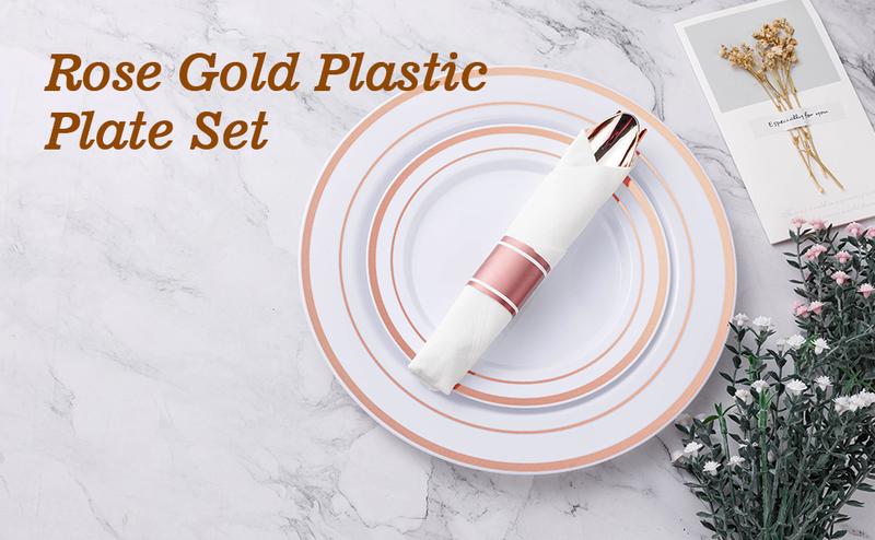 350PCS Rose Gold Plastic Plates & Silverware Set for 50 Guests – Includes 100 Plates, 50 Napkins with Rose Gold Cutlery & 50 Cups for Weddings, Anniversaries & Special Events Birthday Party Tray Mother's day Baby Showers Disposable 350PCS Rose Gold Plastic Plates & Silverware Set for 50 Guests – Includes 100 Plates, 50 Napkins with Rose Gold Cutlery & 50 Cups for Weddings, Anniversaries & Special Events Birthday Party Tray Mother's day Baby Showers Disposable