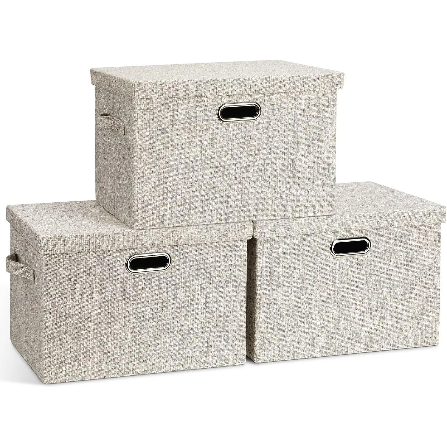 Large Quart Collapsible Stackable Storage Bins with Lids, 3 Packs Beige Linen Fabric Closet Boxes with Lids, Storage Cube Baskets Container Organizers for Bedroom Office(16.6 x 11.7 x 10.8)