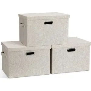 Large Quart Collapsible Stackable Storage Bins with Lids, 3 Packs Beige Linen Fabric Closet Boxes with Lids, Storage Cube Baskets Container Organizers for Bedroom Office(16.6 x 11.7 x 10.8)